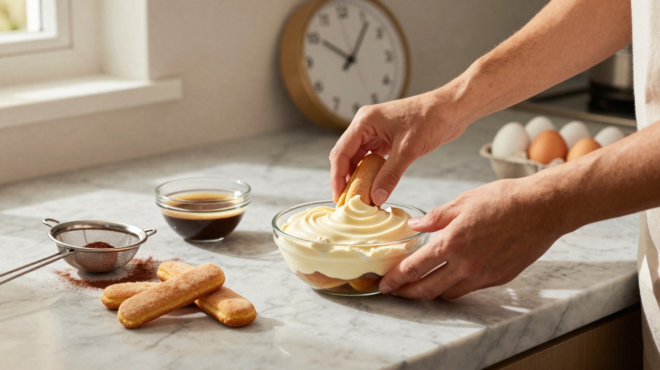 Pessoa a preparar tiramisù, mergulhando biscoito em creme numa tigela numa bancada de cozinha.