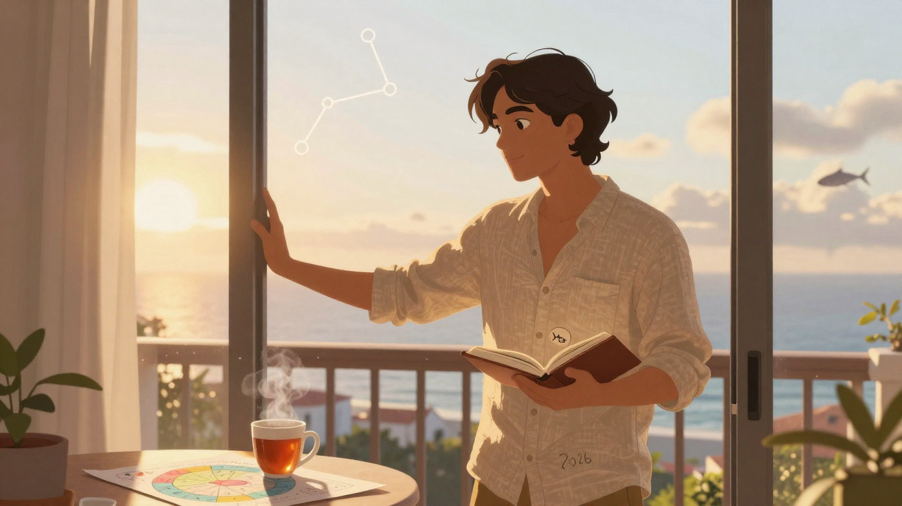 Jovem numa varanda ao pôr do sol, segurando livro e olhando para o horizonte com chá quente numa mesa próxima.