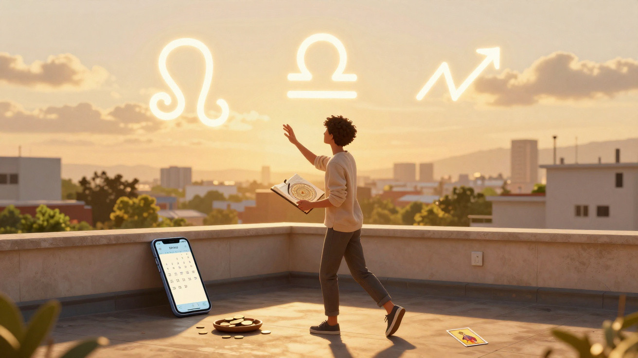 Pessoa a ler horóscopo num terraço ao pôr do sol com símbolos zodiacais brilhantes no céu.