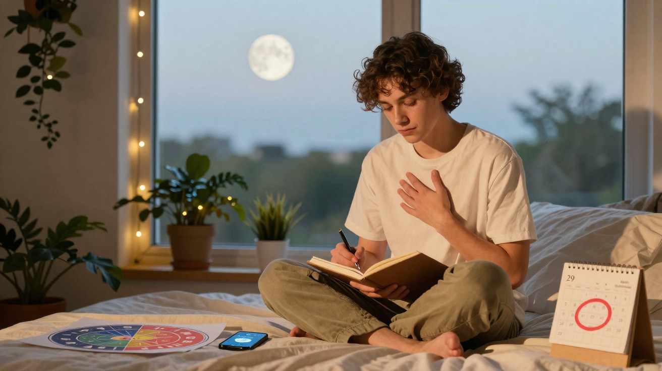 Jovem sentado na cama a escrever num caderno, com fundo de janela, lua cheia e calendário marcado no quarto.
