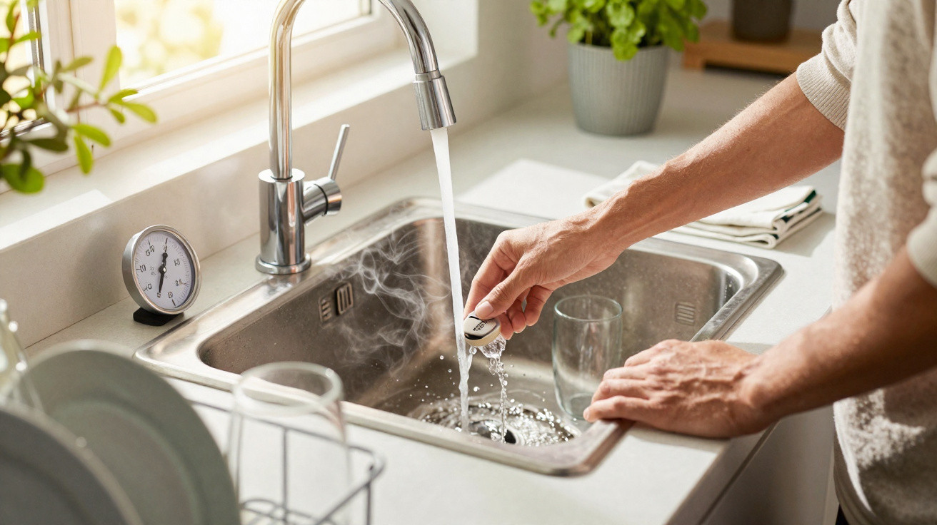 Pessoa a medir a temperatura da água quente numa torneira numa cozinha moderna com lava-loiças de inox.