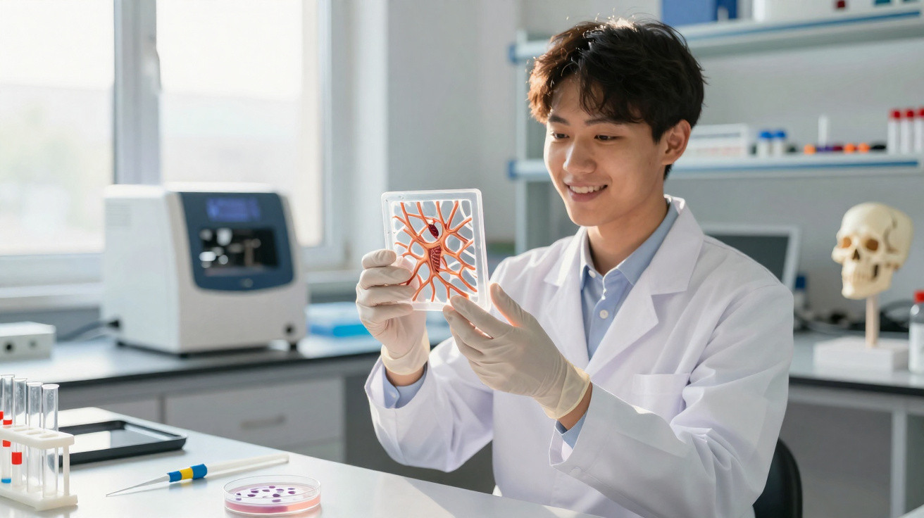 Cientista jovem em laboratório a observar modelo 3D de célula com sorriso, usando bata e luvas.