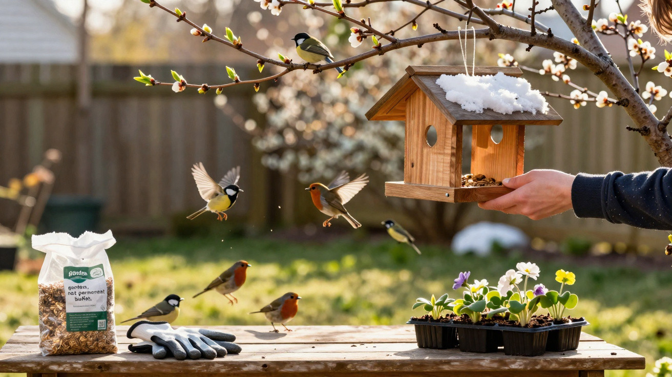 Pássaros a alimentar-se numa casa de madeira, plantações floridas e luvas num banco de jardim com neve.