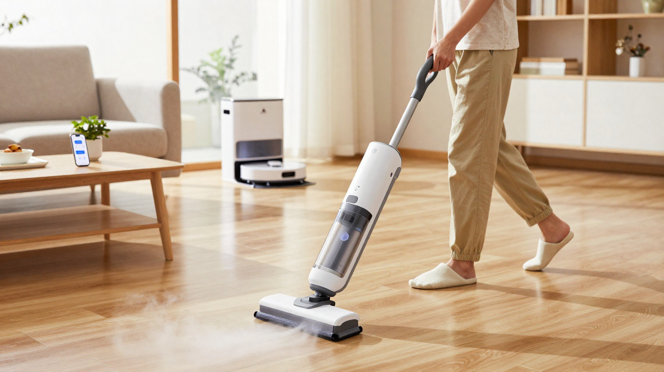 Pessoa a limpar chão de madeira com aspirador a vapor num ambiente moderno e iluminado.