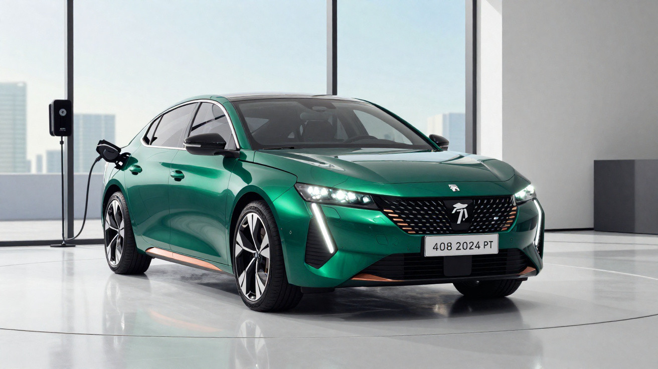 Carro elétrico verde carregando em estação moderna com janelas amplas e vista urbana desfocada.