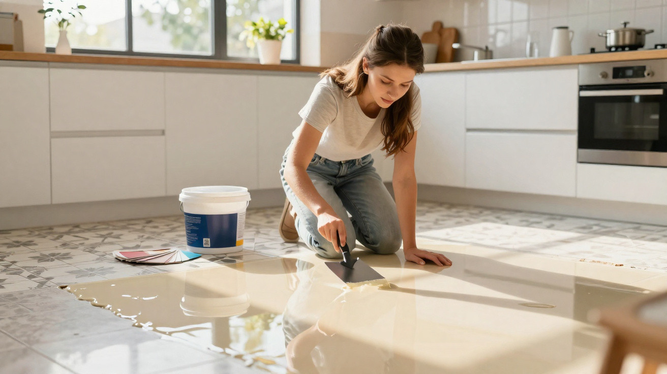 Jovem mulher a aplicar resina epóxi transparente no chão de cozinha moderna durante renovação.