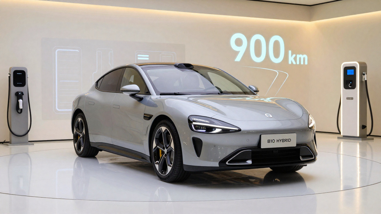 Carro eléctrico B10 Hybrid cinza exposto num salão, com letras a indicar autonomia de 900 km.