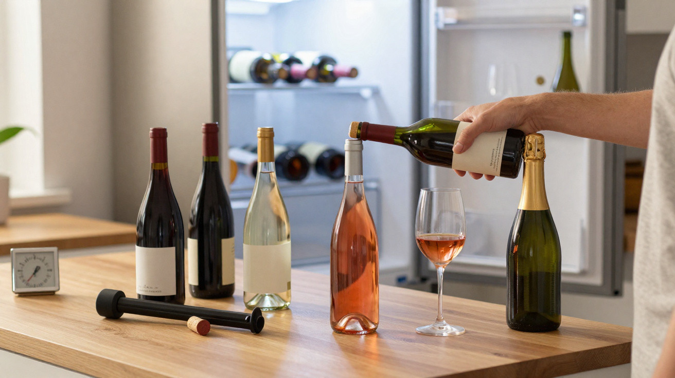 Pessoa a servir vinho rosé numa taça, com várias garrafas de vinho numa bancada de cozinha.