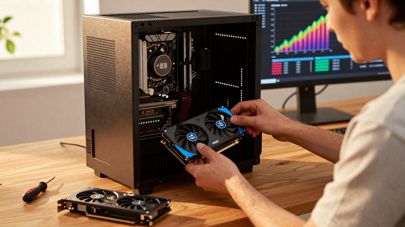 Pessoa a instalar uma placa gráfica num computador de secretária com um monitor e ferramentas na mesa.