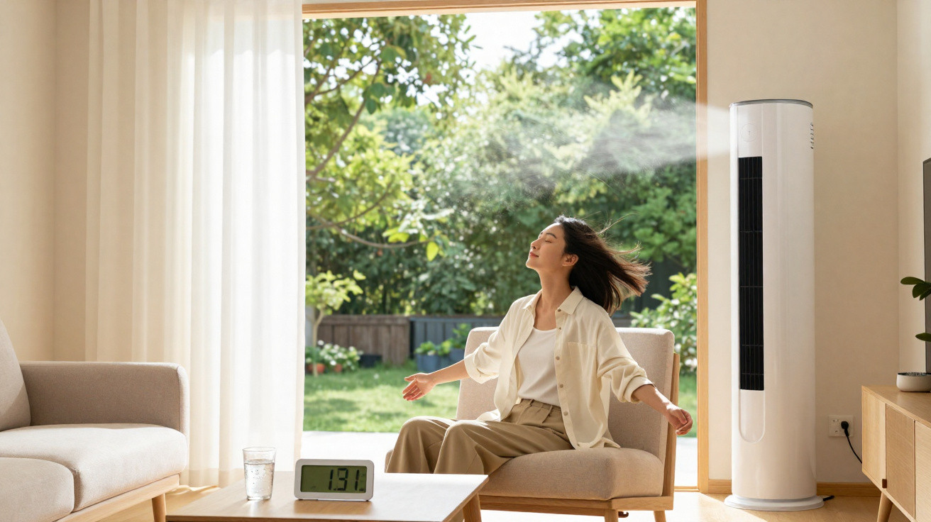 Mulher relaxa sentada numa sala com ar condicionado junto a uma janela aberta para o jardim.