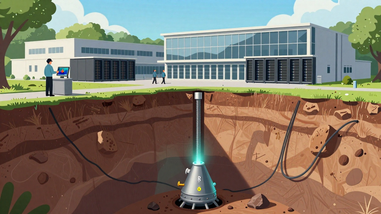 Ilustração de instalação tecnológica subterrânea com edifícios e pessoas em ambiente exterior ensolarado.