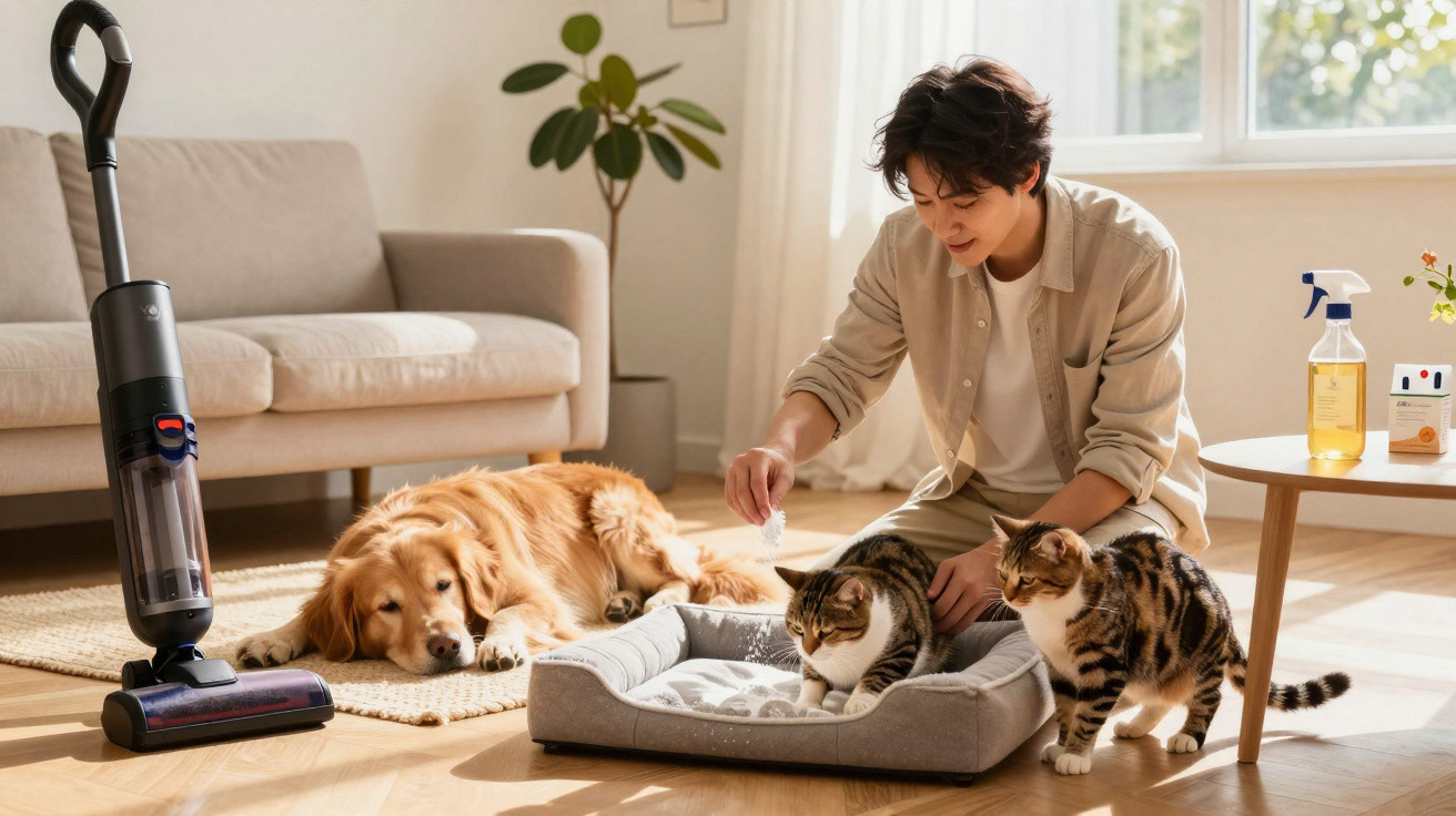 Pessoa com um aspeto amigável a dar um petisco a dois gatos perto de um cão deitado e um aspirador no chão.