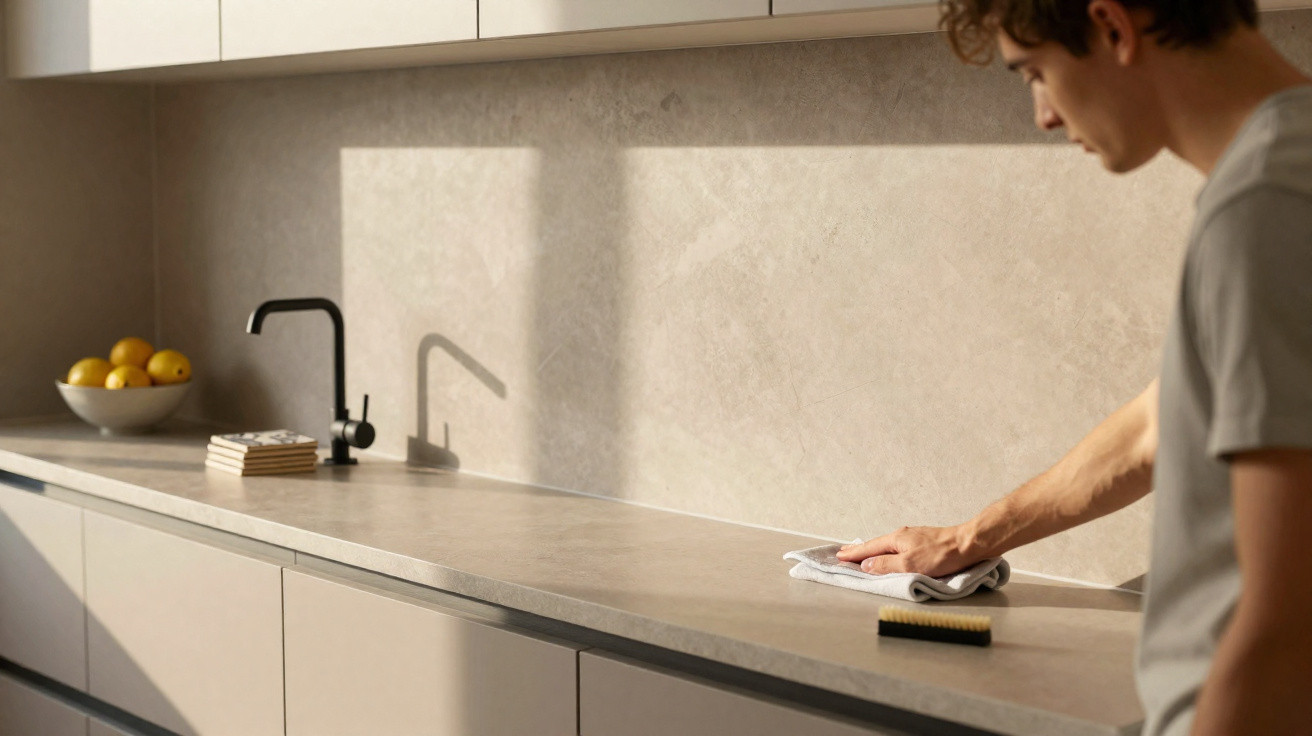 Pessoa a limpar bancada de cozinha moderna com luz natural e utensílios organizados num ambiente minimalista.