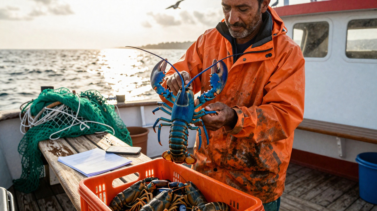 Pescador de roupa laranja segura lagosta azul recém apanhada num barco ao pôr do sol.