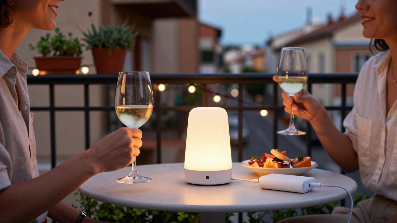 Duas pessoas a brindar com copos de vinho branco numa mesa de varanda ao entardecer, com luz ambiente e fruta.