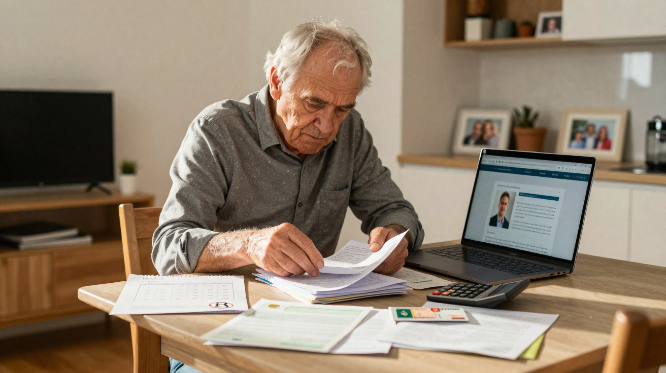 Idoso sentado à mesa a analisar documentos e contas com portátil e calculadora numa sala de estar.