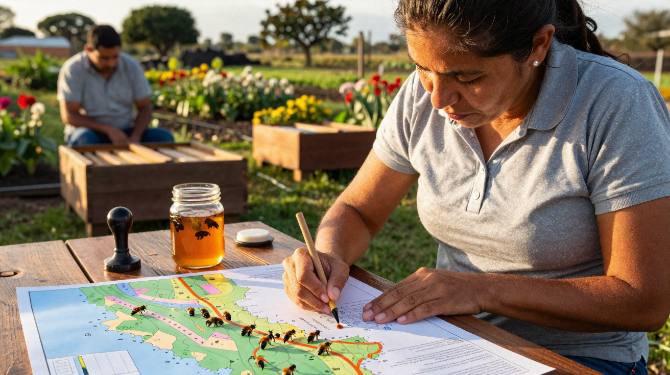 Mulher desenha pontos num mapa enquanto várias abelhas estão pousadas no mapa e num frasco de mel.
