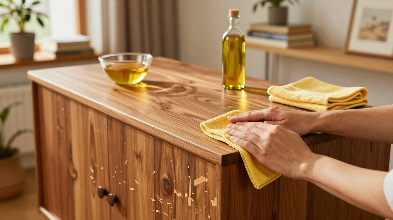 Mãos a limpar móvel de madeira com pano amarelo; frasco e taça com óleo sobre o móvel.