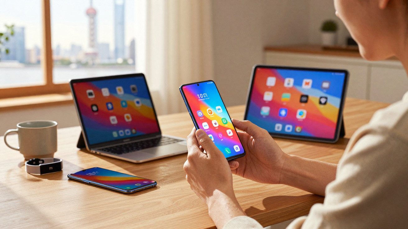 Pessoa a usar smartphone com portátil e tablet em mesa de madeira junto a janela luminosa.