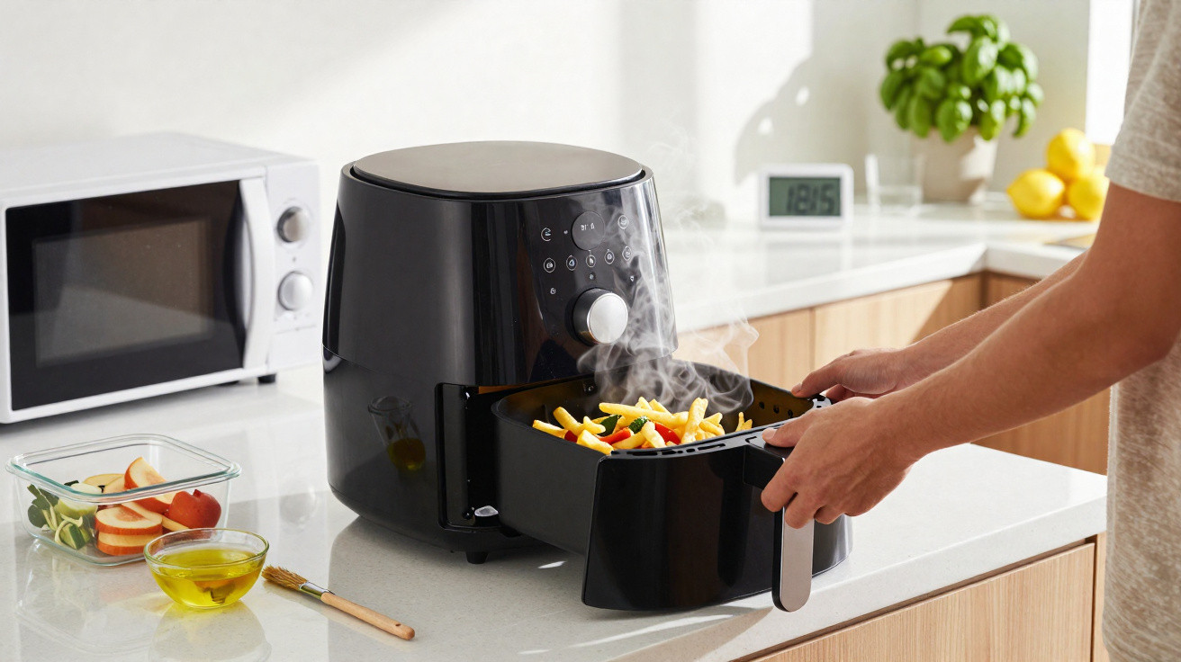 Pessoa a retirar batatas fritas a fumegar de uma fritadeira sem óleo preta numa cozinha moderna.