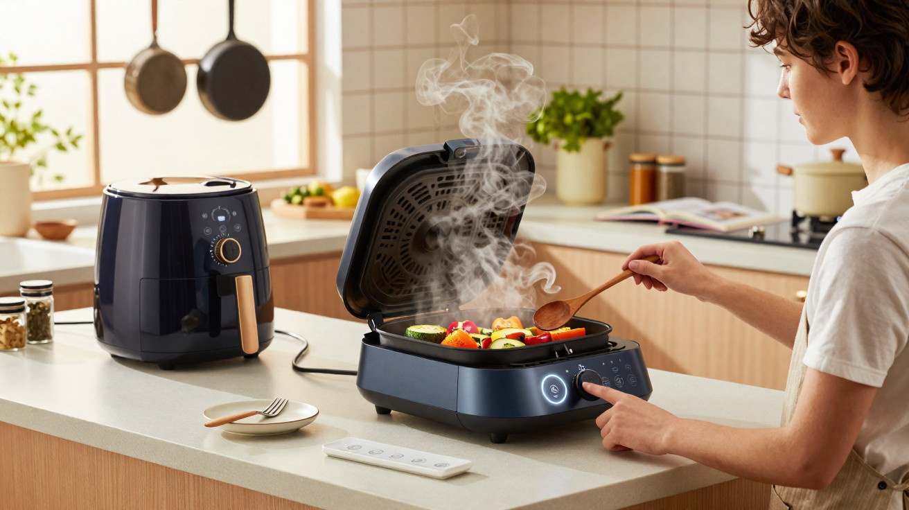 Pessoa a cozinhar legumes em grelhador elétrico com vapores numa cozinha moderna e luminosa.