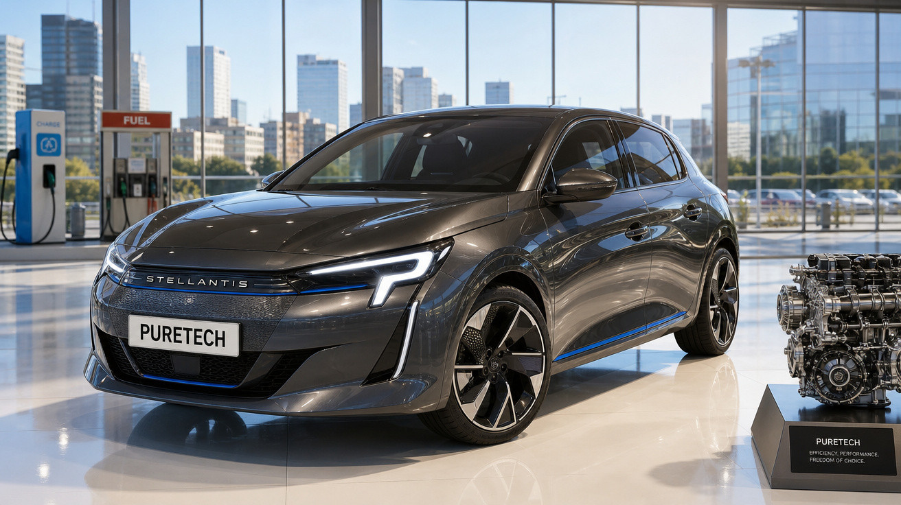 Carro elétrico cinzento Stellantis Puretech em showroom moderno com motor exposto ao lado e edifícios ao fundo.