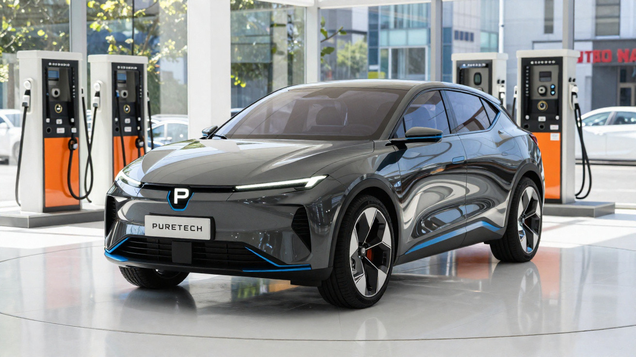 Carro elétrico cinzento brilhante estacionado em showroom com postos de carregamento elétrico ao fundo.