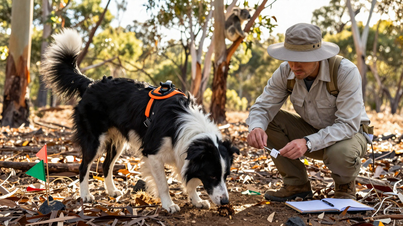 Homem com cão farejador em floresta, a examinar o solo, ambos equipados para trabalho de campo.