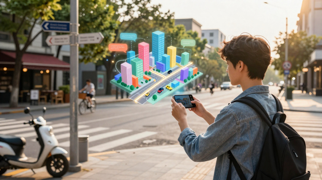 Jovem com mochila usa telemóvel numa rua, visualizando cidade virtual em realidade aumentada.