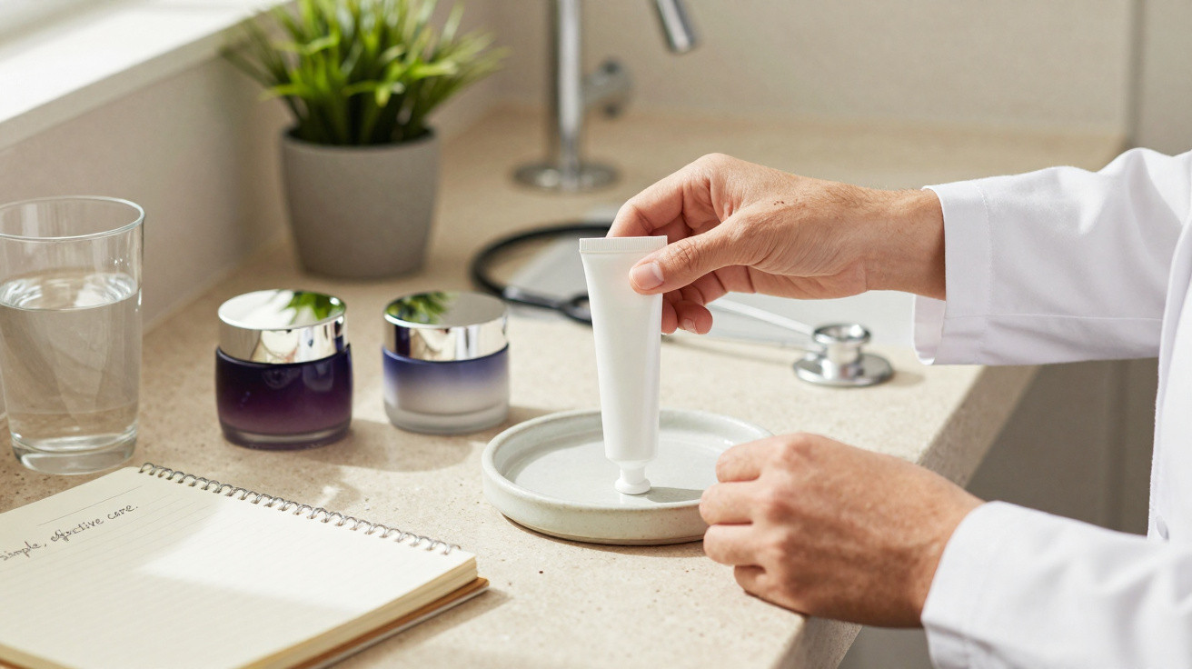 Mãos de médico a tirar creme de tubo sobre prato, com stetóscopio, caderno, copo de água e plantas ao fundo.
