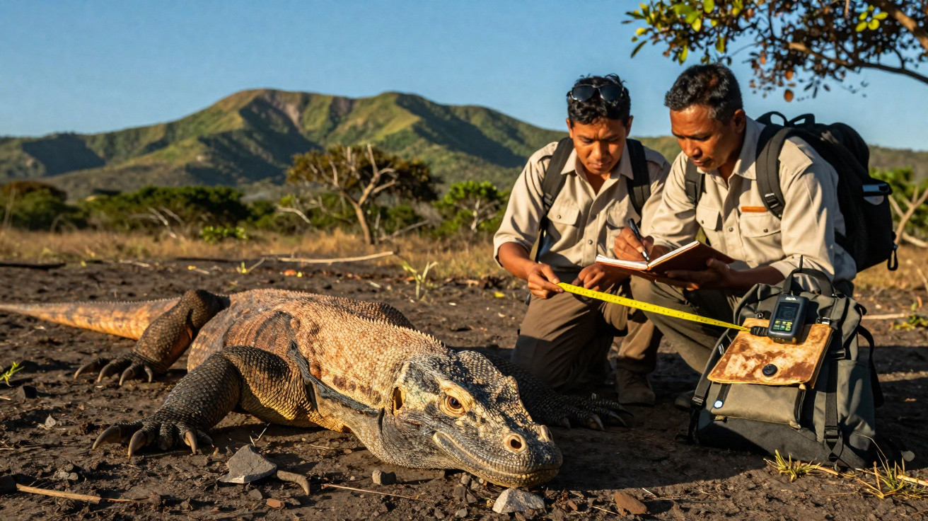 Dois investigadores medem um dragão-de-komodo no solo com montanhas ao fundo.