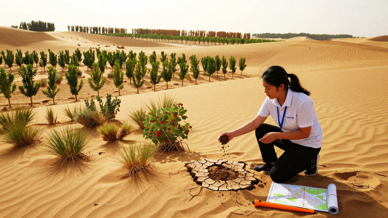 Mulher analisa solo em área desértica com plantações e mapa, mostrando estudos de desertificação.