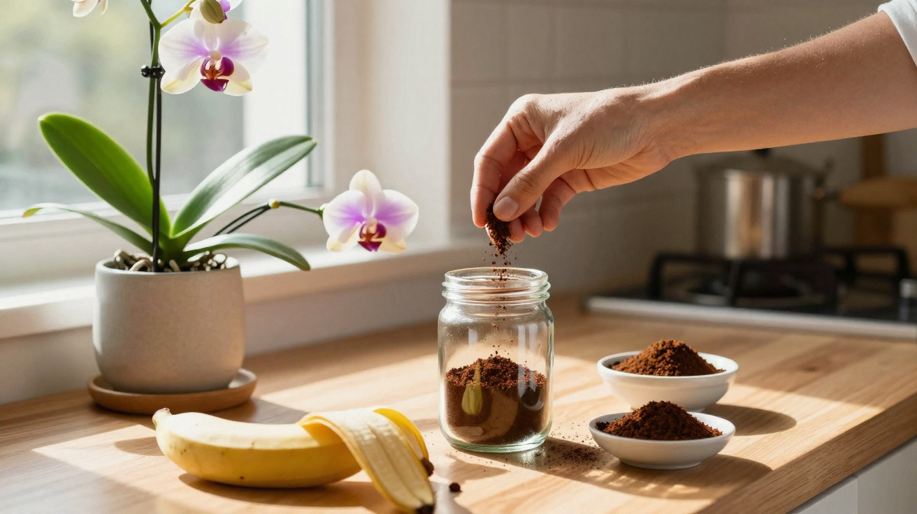 Pessoa a colocar café moído num frasco de vidro numa cozinha com banana e orquídea branca na bancada.