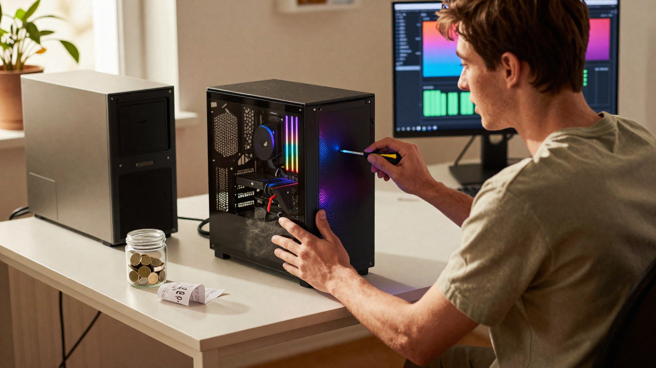 Homem a montar ou reparar computador com luzes LED numa mesa de escritório iluminada.