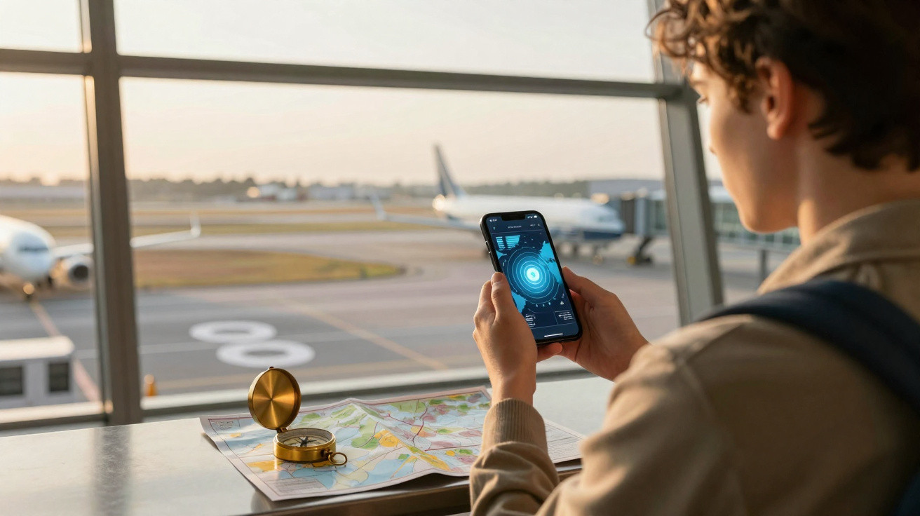 Pessoa numa janela de aeroporto a usar smartphone com mapa e bússola sobre mesa à frente, avião ao fundo.