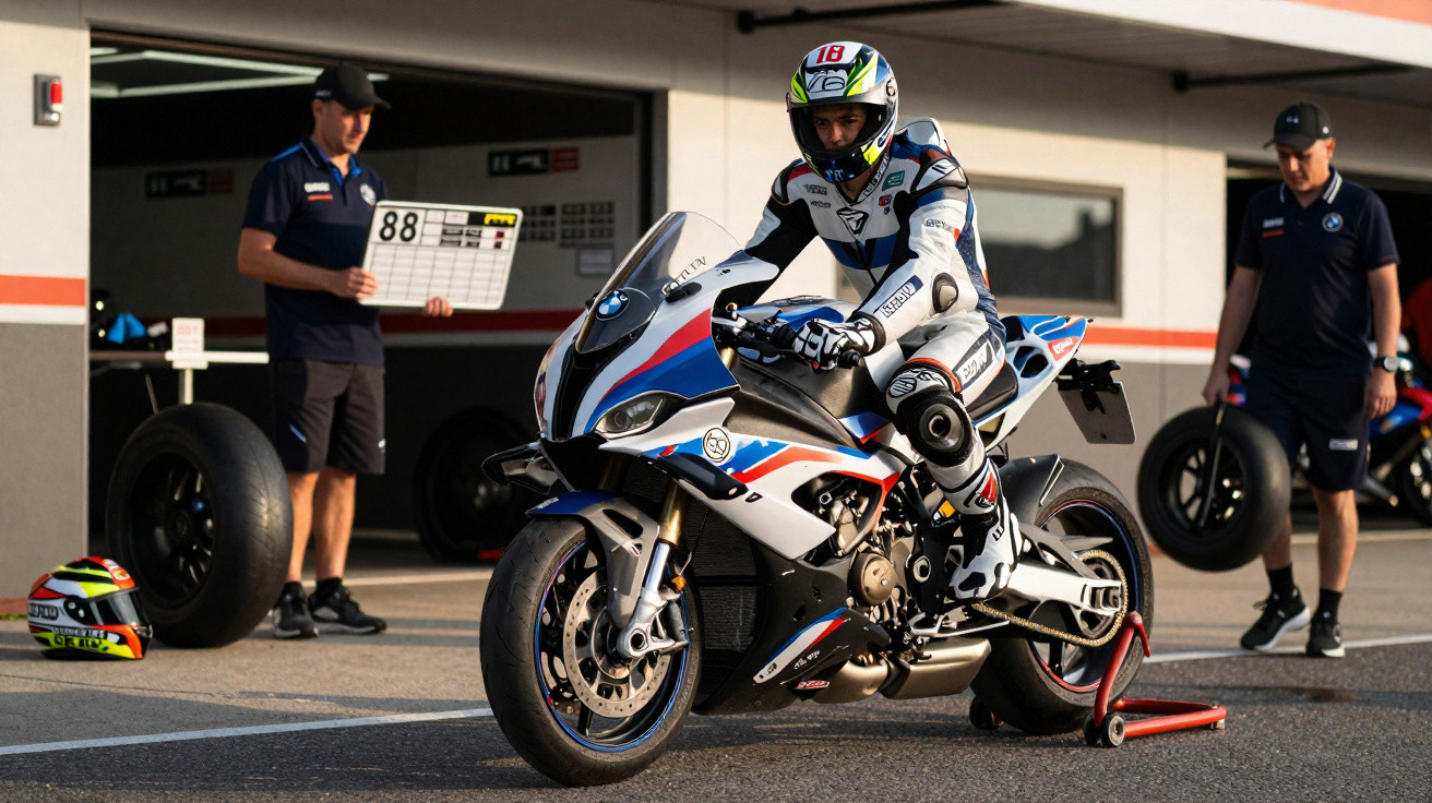 Motociclista com equipamento completo numa mota BMW branca com detalhes azuis, perto da boxe na pista de corrida.