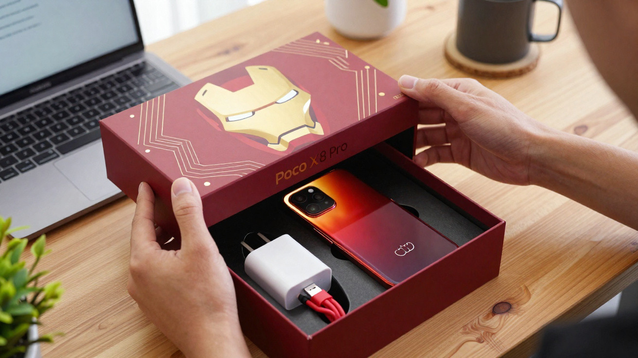 Caixa vermelha do POCO X8 Pro aberta com smartphone e carregador sobre mesa perto de um portátil.