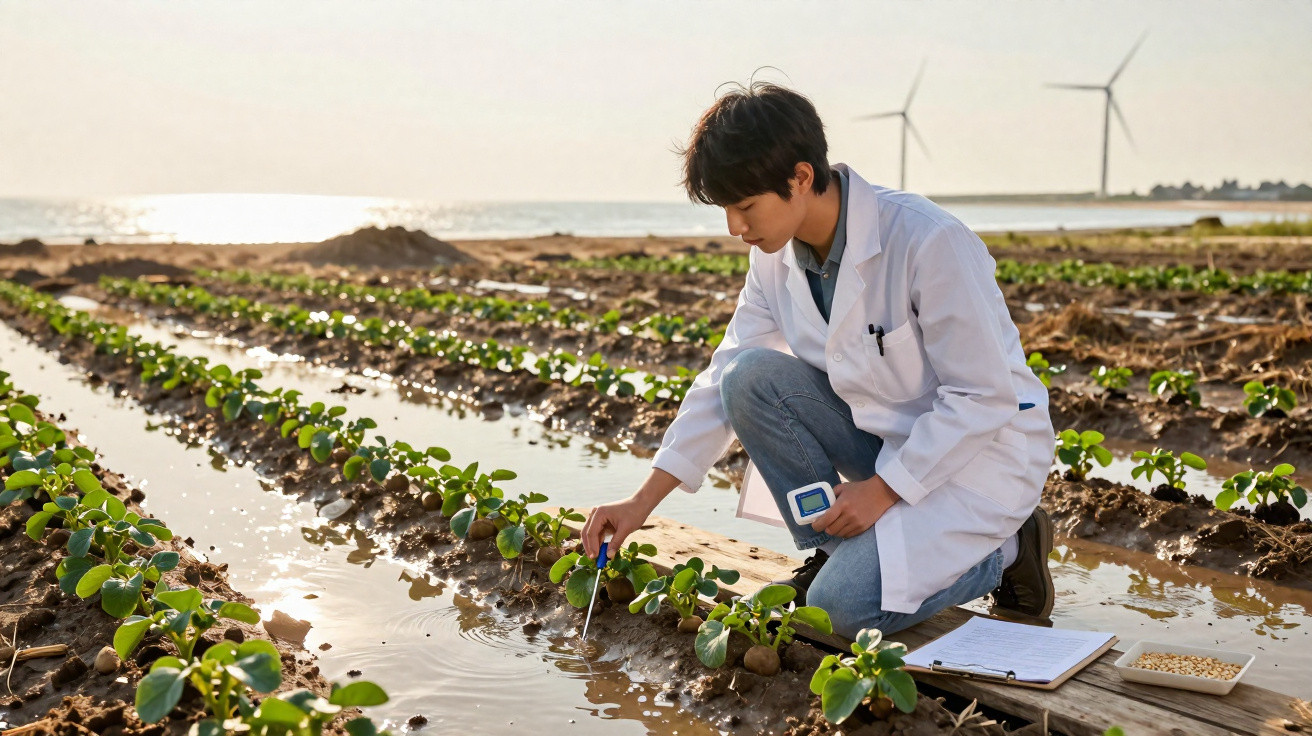 Cientista com bata branca a medir qualidade da água em campo agrícola com turbinas eólicas ao fundo.