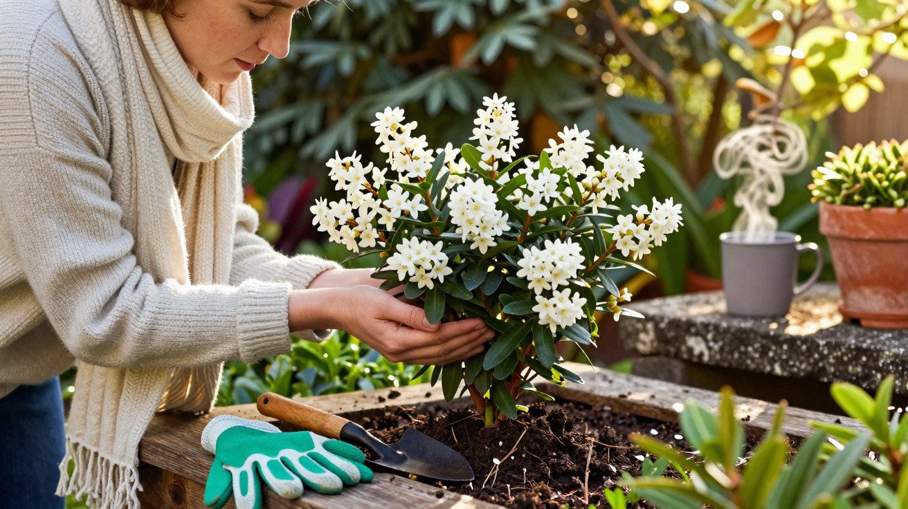 Mulher a cuidar de planta com flores brancas num jardim exterior, com luvas e enxada ao lado.