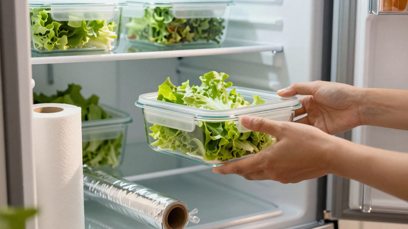 Mãos a guardar salada fresca em recipiente de vidro dentro de frigorífico organizado.
