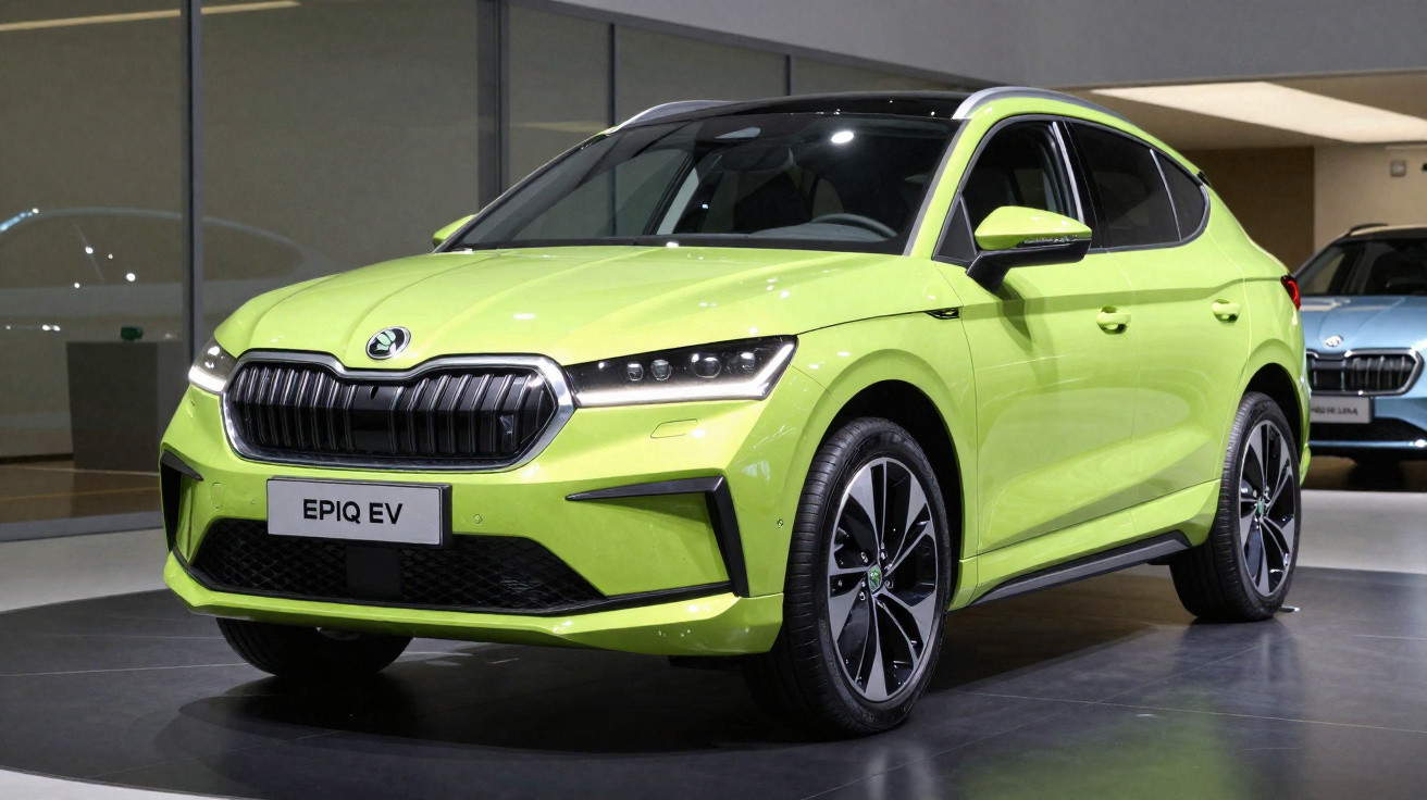 Carro elétrico Škoda EPIQ EV verde em exposição numa sala iluminada, vista frontal esquerda.