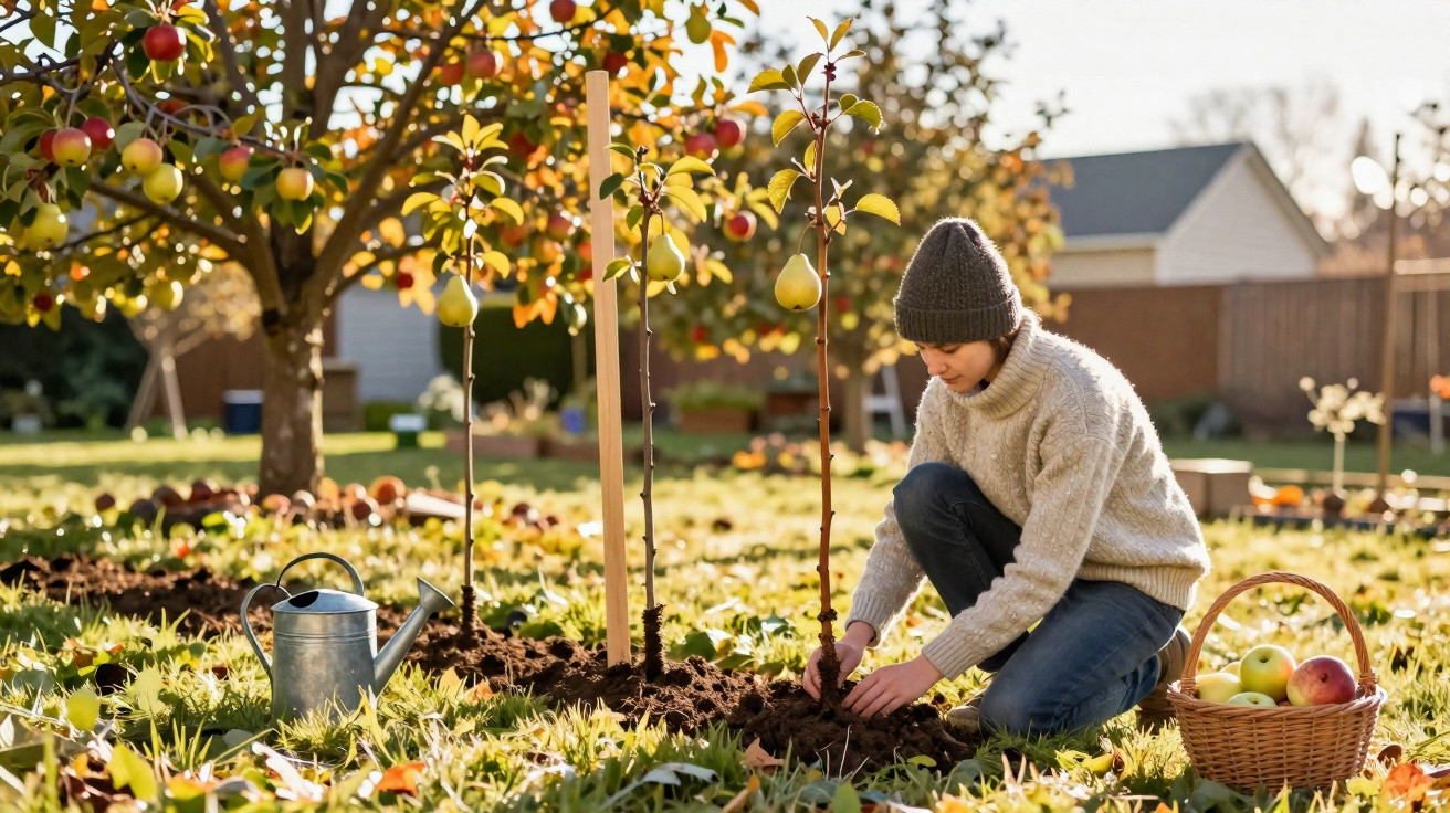 Pessoa a plantar uma árvore jovem num jardim com árvores de fruto e uma cesta de maçãs ao lado.