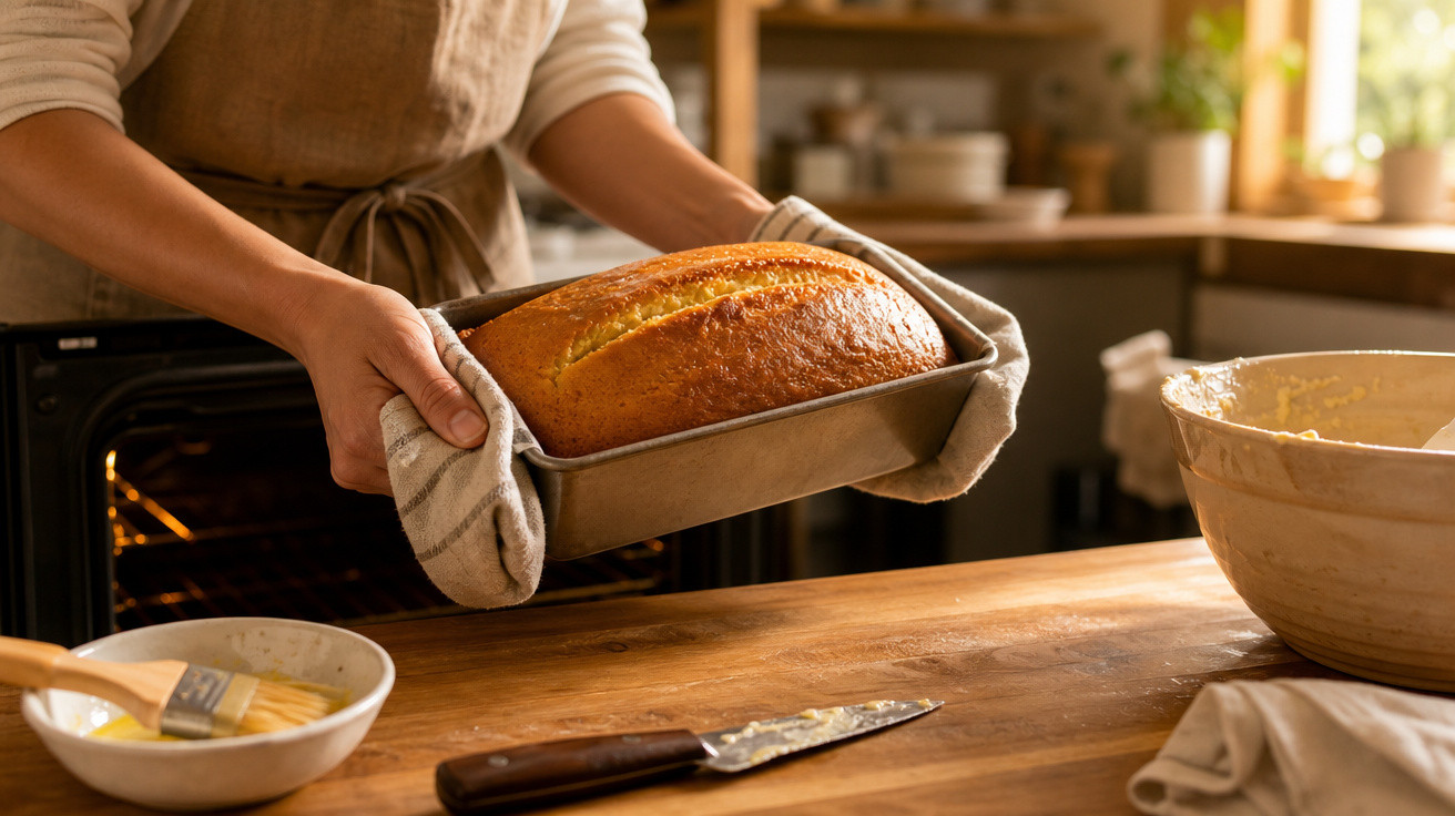 Pessoa a retirar pão acabado de cozer do forno numa cozinha acolhedora e iluminada.