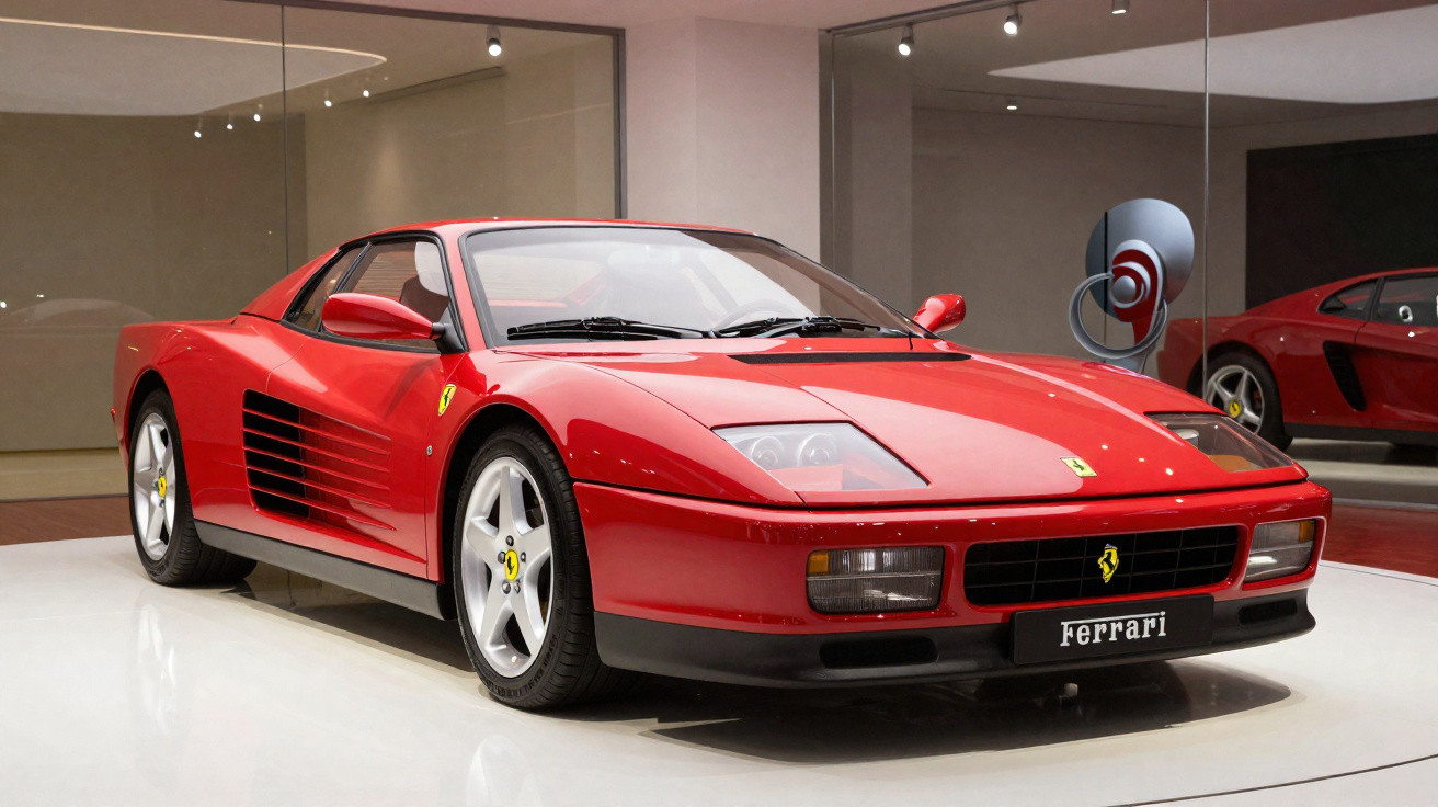 Ferrari vermelha clássica num espaço de exposição moderno com paredes espelhadas e chão branco.