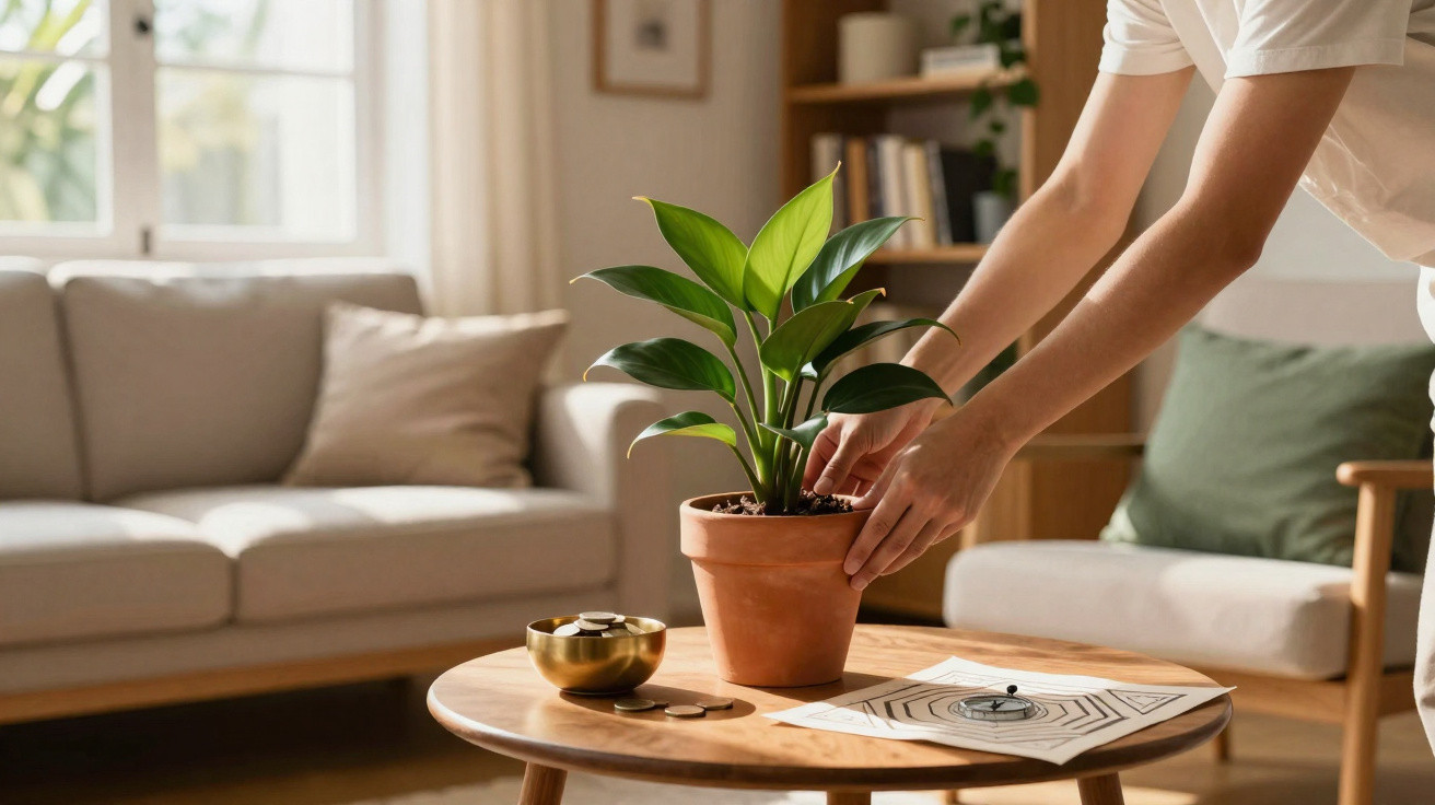Pessoa a colocar vaso com planta numa mesa de madeira numa sala luminosa com sofá cinza.