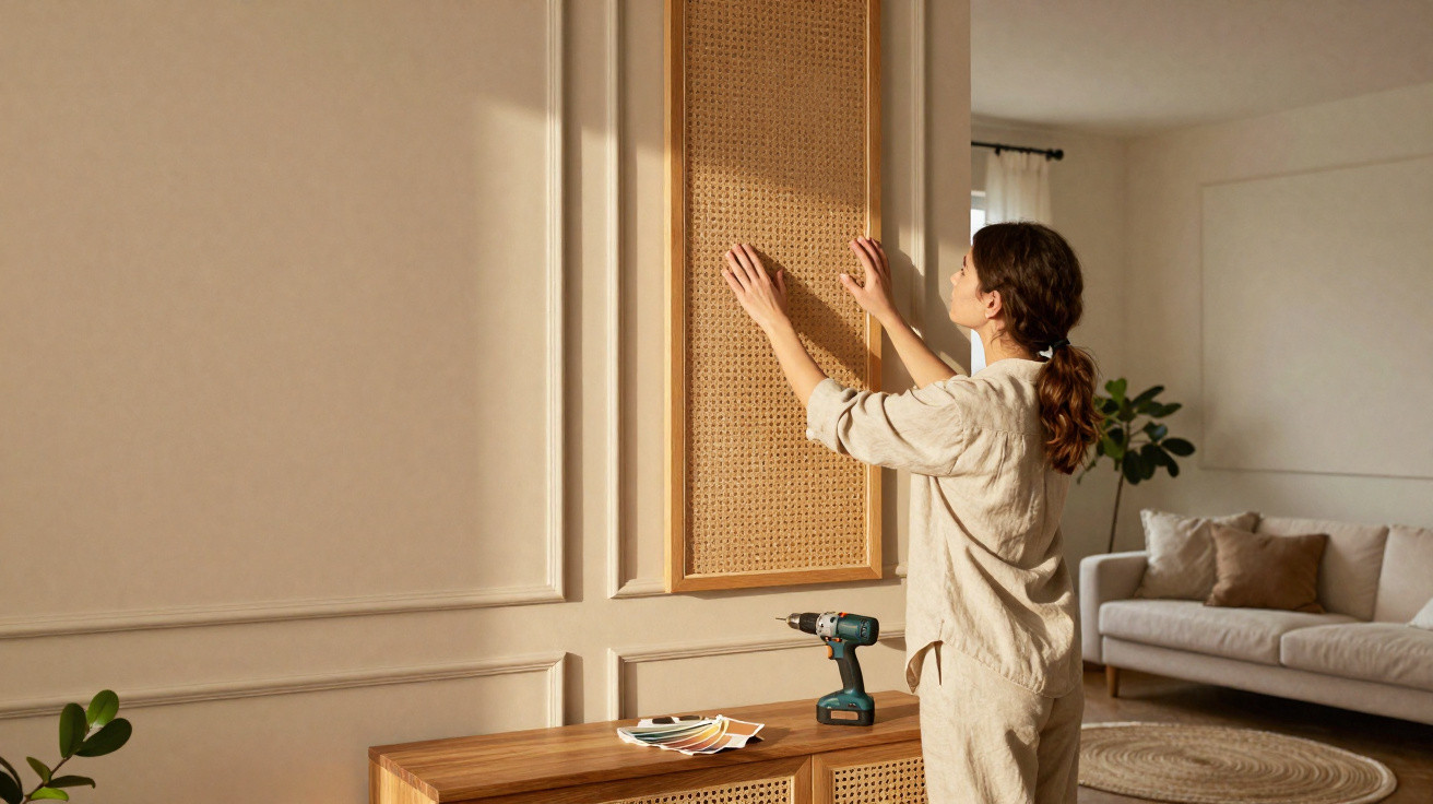 Mulher a instalar painel decorativo de rattan em parede numa sala moderna com sofá e planta.
