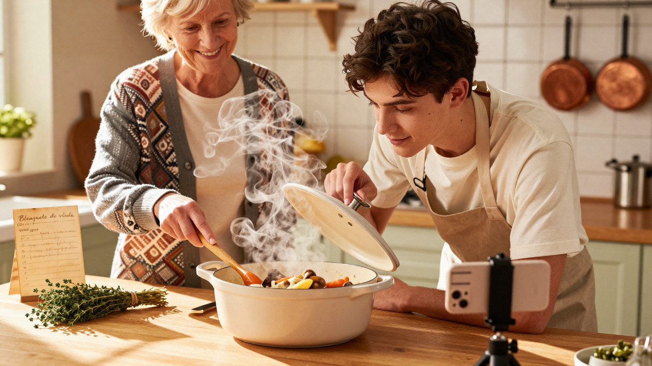 Mulher idosa e jovem cozinham juntos numa cozinha, olhando para um prato a fumegar numa panela.