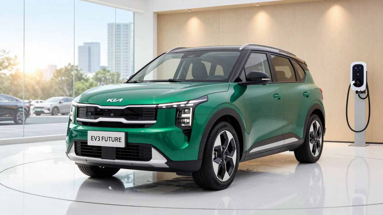 Carro elétrico KIA EV3 Future verde exposto em sala moderna ao lado de posto de carregamento.
