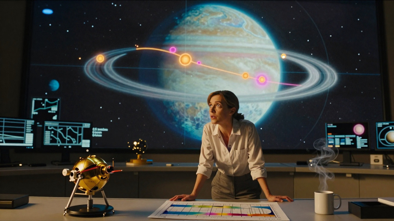 Mulher em laboratório astronómico com modelo espacial e mapa, fundo de planeta com anéis e ecrãs digitais.