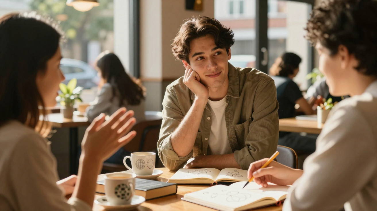 Jovens sentados numa mesa de café a estudar e conversar, com cadernos, livros e chávenas à frente.